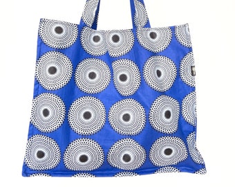 Large beach bag made of blue African Ankara fabric, a large Ankara tote bag reversible with target print and birds