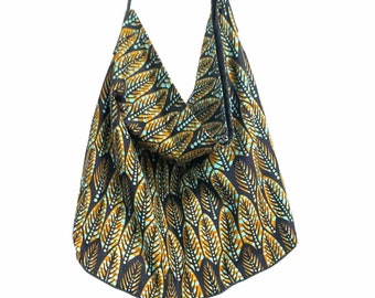 African wax fabric shoulder bag, an eco-friendly casual bag with recycled leather bottom and handles, Khaki/Bronze/Black graphic print