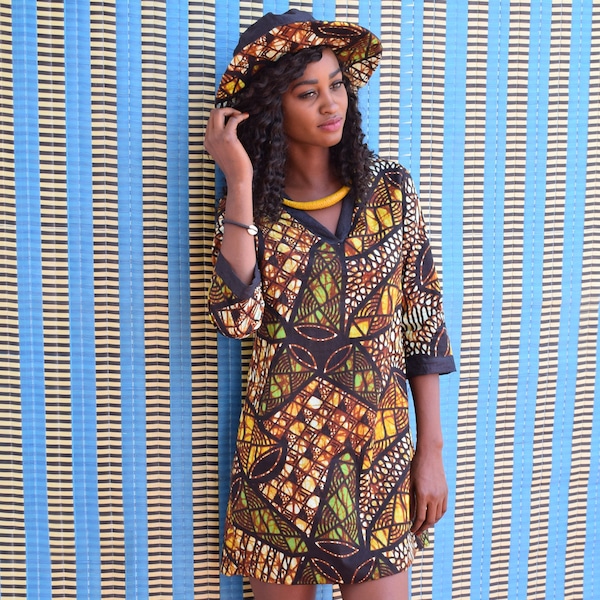 Robe en wax Africain, mini robe droite avec petites manches courtes, robe ou tunique ethnique en coton africain Ankara du Niger