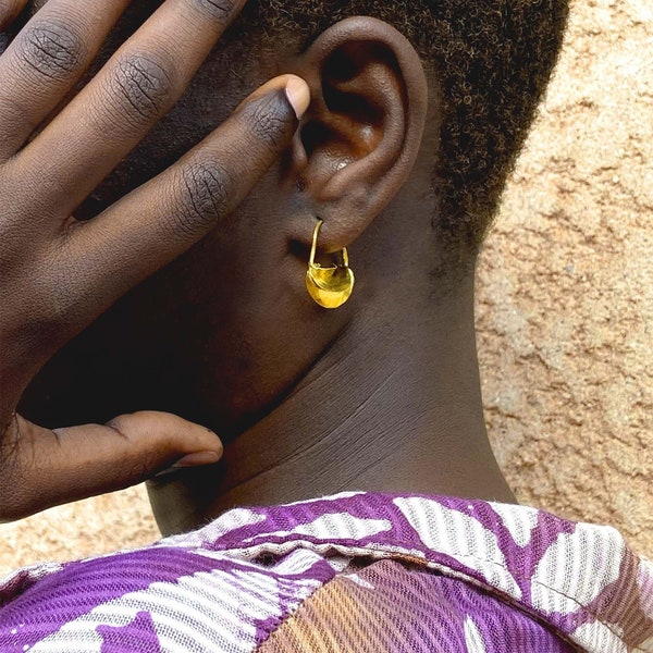 African Peul earring, women's gold brass creoles, fulani earrings small size