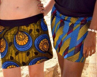 Mini skirt in ethnic print, size XS/S, reversible skirt, beach to city style, African cotton wax fabric in ethnic surf style