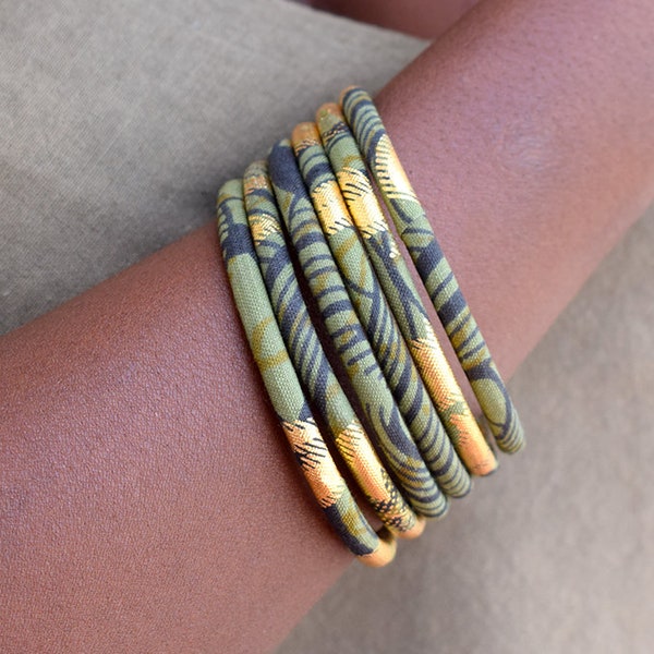 Bracelets wax en lot de 3 joncs ou à la pièce, bracelets fins petite ou grande taille, un bijoux Africain ethnic chic en wax Africain doré