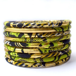 Ankara bangles, ethnic wax jewel in two sizes, matching bracelets in gold/green colors image 1
