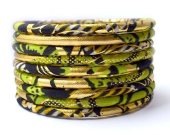 Ankara bangles, ethnic wax jewel in two sizes, matching bracelets in gold/green colors