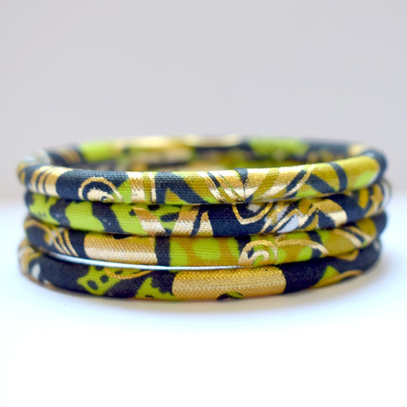 Ankara bangles, ethnic wax jewel in two sizes, matching bracelets in gold/green colors image 3