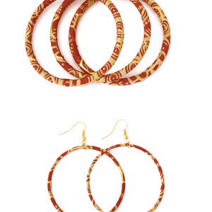 Large creole earrings in gold and red african wax print, ethnic hoop earrings image 9