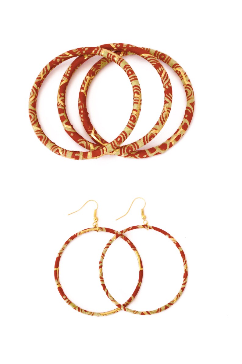 Large creole earrings in gold and red african wax print, ethnic hoop earrings image 9