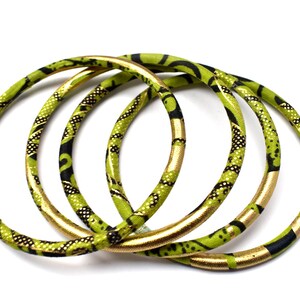 Ankara bangles, ethnic wax jewel in two sizes, matching bracelets in gold/green colors image 5