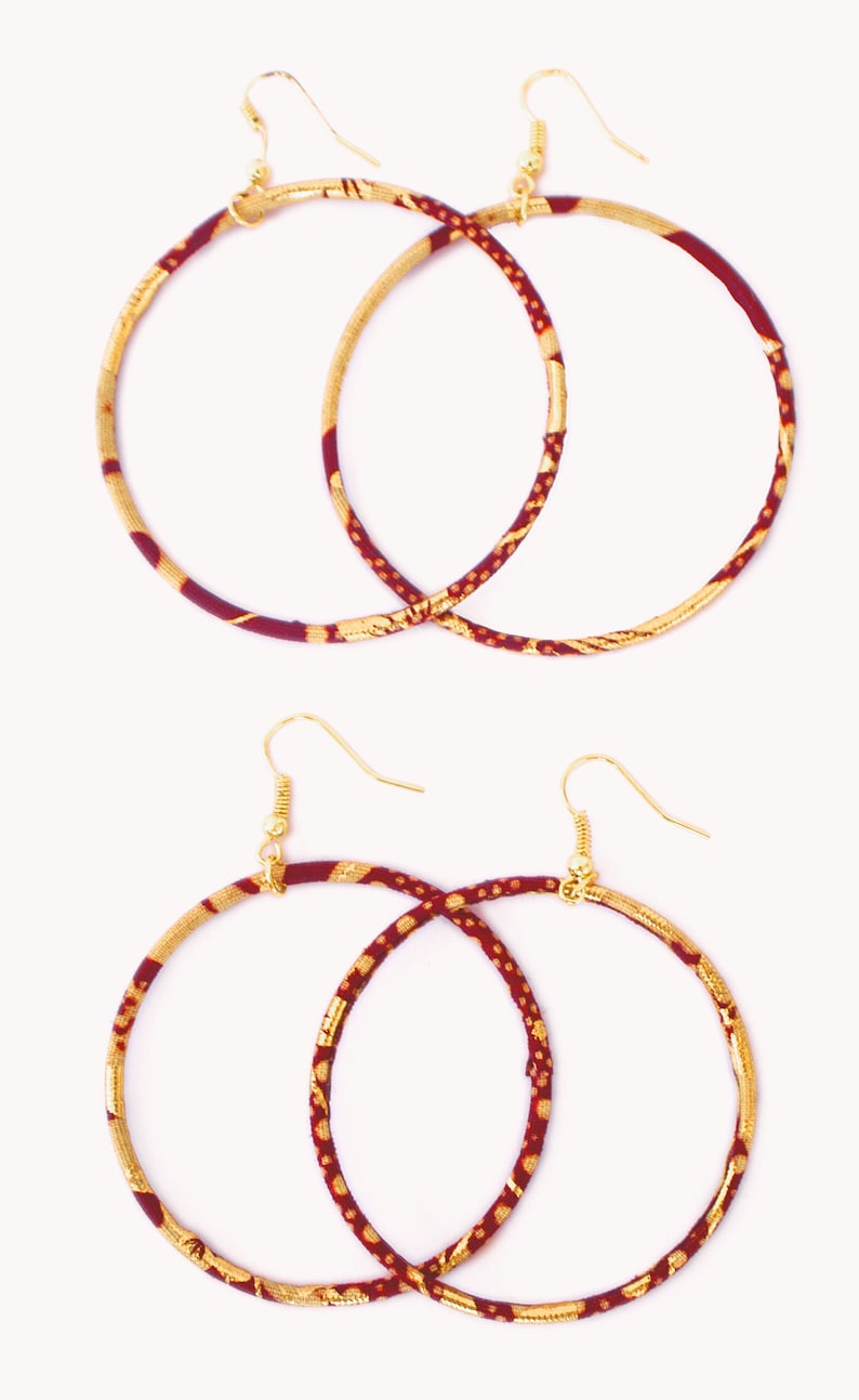Large creole earrings in gold and red african wax print, ethnic hoop earrings image 4