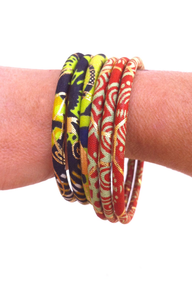 Ankara bangles, ethnic wax jewel in two sizes, matching bracelets in gold/green colors image 8