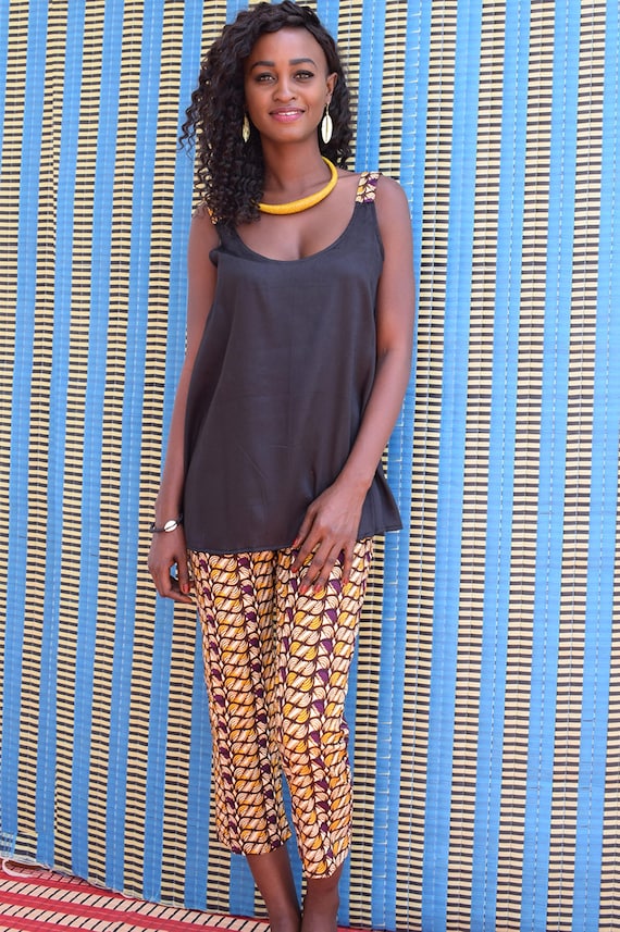 Débardeur femme dos nu avec bretelles tissu wax africain, tunique été, coton Mauritanien noir