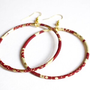 Large creole earrings in gold and red african wax print, ethnic hoop earrings image 2