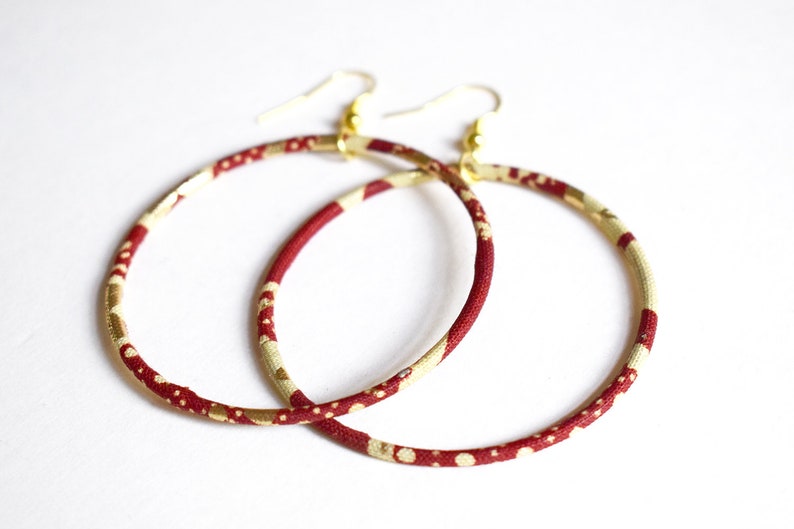 Large creole earrings in gold and red african wax print, ethnic hoop earrings image 2