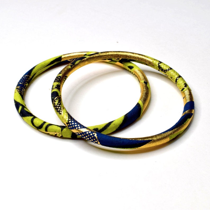 Ankara bangles, ethnic wax jewel in two sizes, matching bracelets in gold/green colors image 7