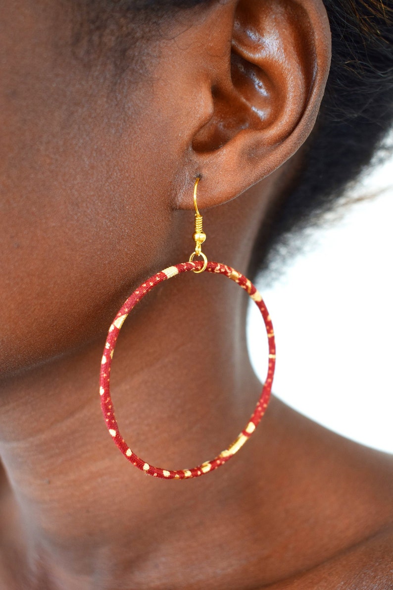 Large creole earrings in gold and red african wax print, ethnic hoop earrings image 1