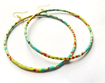 Large thin hoop earrings, African wax creoles with turquoise/anis/red/gold Ankara fabric