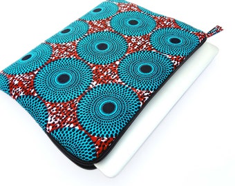Housse ordinateur en wax Africain, housse matelassée ou étui pour ordinateur portable ou Macbook, imprimé Ankara motif bleu/bordeaux/noir