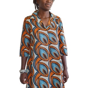 Shirt dress or long large shirt for woman in African Ankara cotton print turquoise/orange