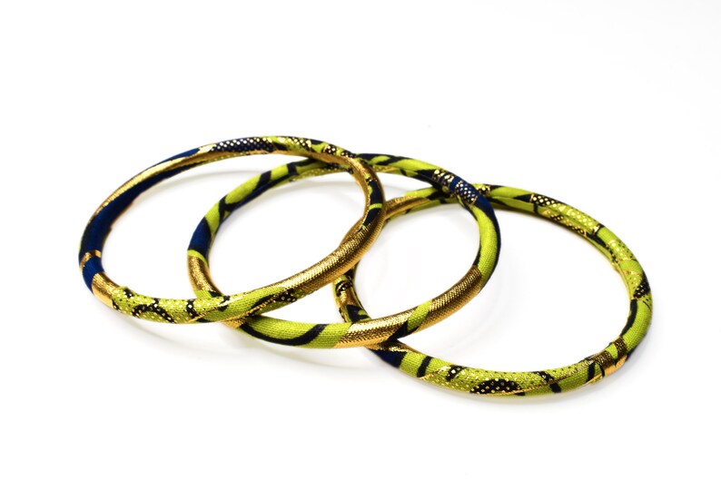 Ankara bangles, ethnic wax jewel in two sizes, matching bracelets in gold/green colors image 4