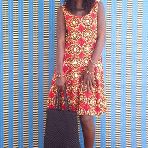 Ankara African Wax Print Midi Tank Dress, 1950s Style, red color