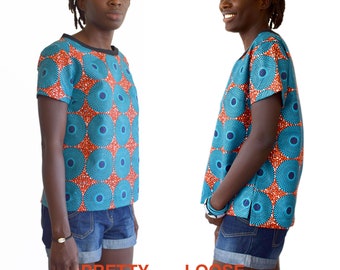 Tee-shirt en wax bleu pour femme, tee-shirt africain ou haut ethnique, motif target turquoise fond rouge coton wax Ankara bleu