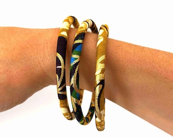 African Wax Print Bracelets, Ethnic Jewelry, Handmade, Ankara Fabric Bangles, Ecru/Black/Mustard/Gold