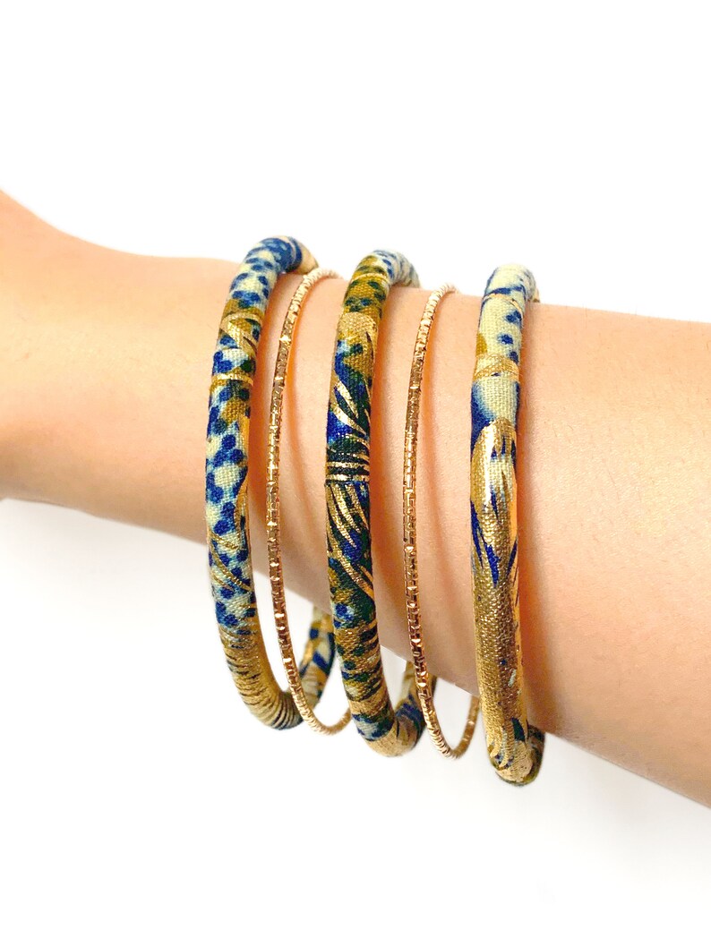 Bracelets en wax Africain bleu/doré des bracelets joncs Etsy France