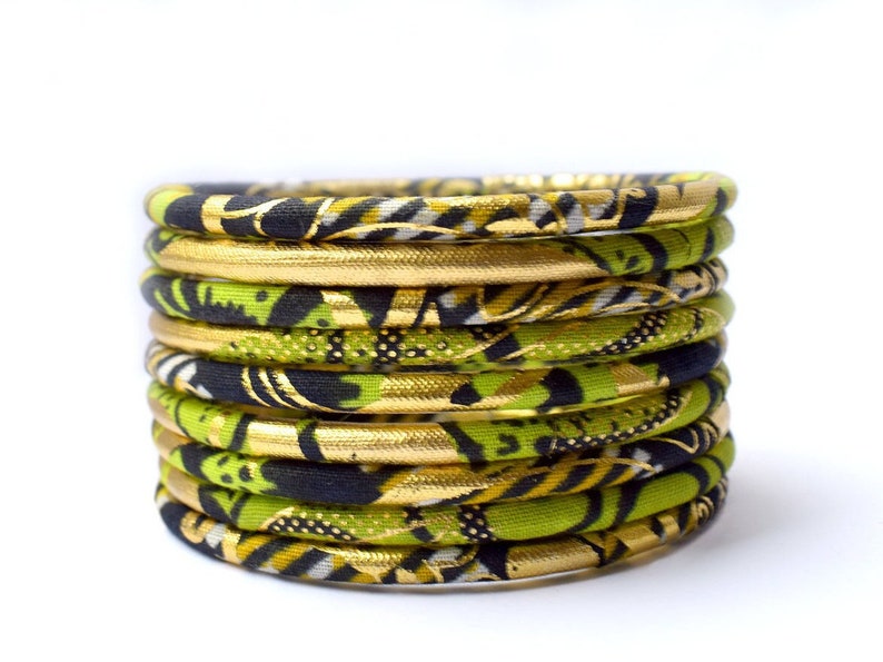 Ankara bangles, ethnic wax jewel in two sizes, matching bracelets in gold/green colors image 1