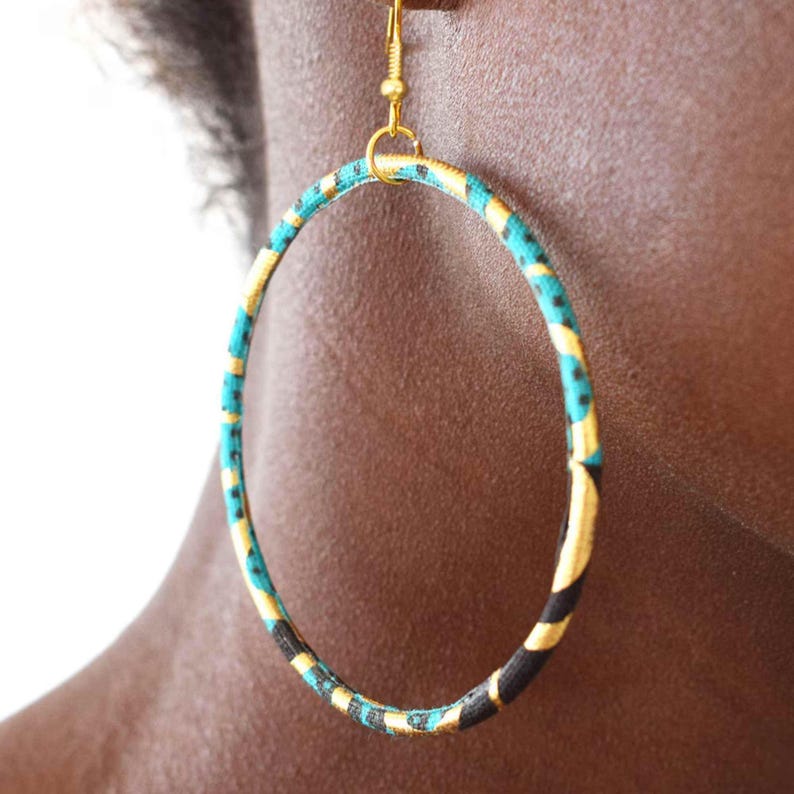 Hoop earrings, gold-toned turquoise Ankara fabric, 18k gold-plated hooks – African ethnic jewelry image 3