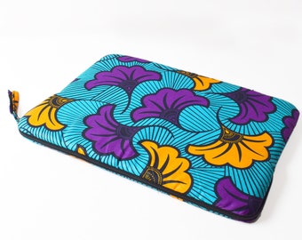 African wax laptop cover for Macbook or similar, cute laptop bag women in Ankara turquoise Wedding Flower print