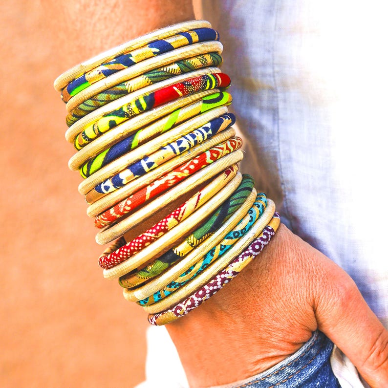 Gold Fabric Bracelet, Boho Chic Ethnic Jewelry, Stackable Bangles, Two Sizes image 11