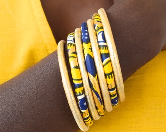 Ankara print bracelet, stackable rushes to match in golden African print, yellow/sea/gold African wax fabric, exist in sizes M or XL