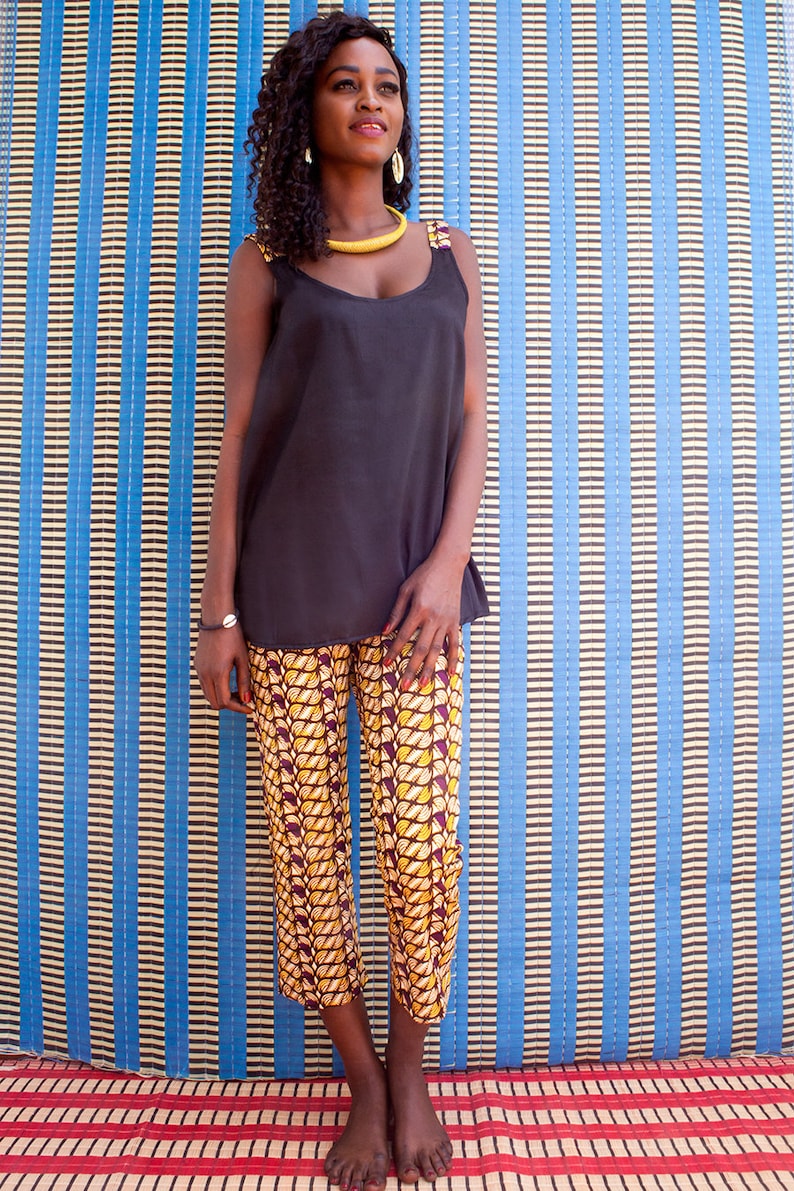 Black tunic with wax straps Ankara shoulder with african detail and backless women/'s ethnic tank top in black cotton African