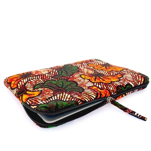 Afrikanische Wachsdruck-Computerhülle, gesteppte Hülle oder Tasche für Laptop oder MacBook, orange/grün/braun/schwarzer Ankara-Druck