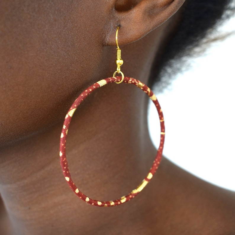 Large creole earrings in gold and red african wax print, ethnic hoop earrings image 5