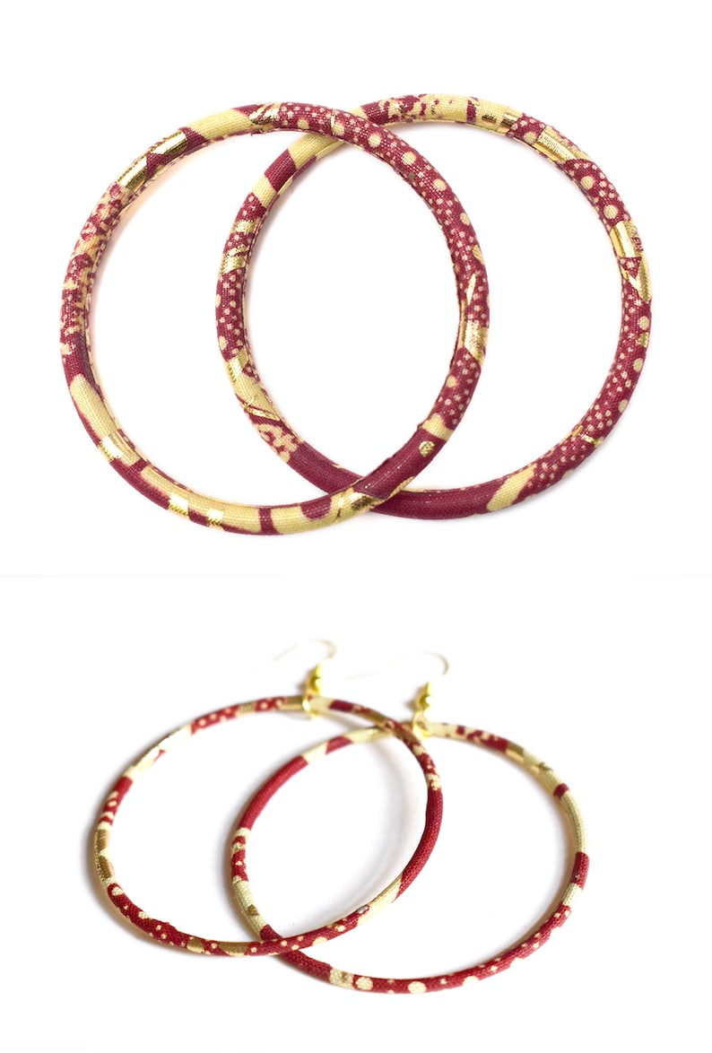 Large creole earrings in gold and red african wax print, ethnic hoop earrings image 6