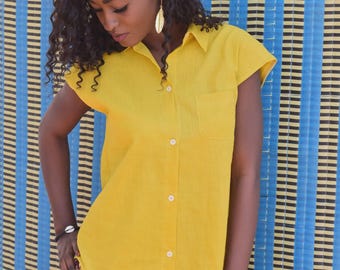 Women's Button-Down Sleeveless Blouse, African Cotton Shirt, Hand-Dyed, 4 Colors