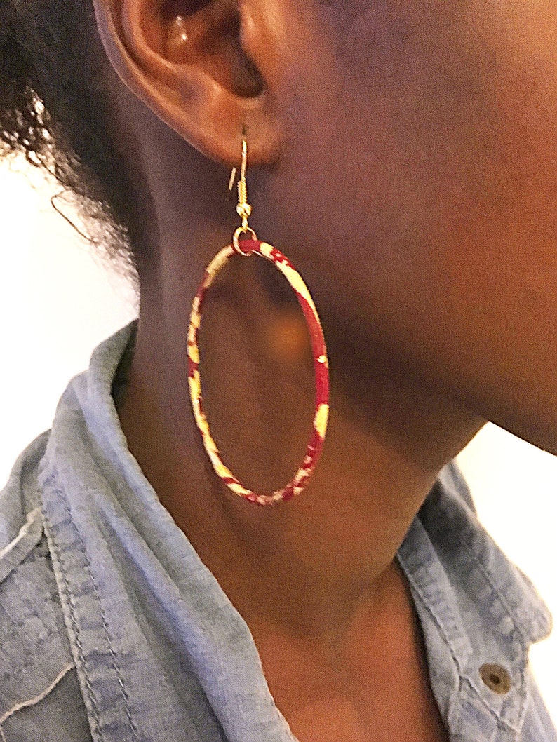Large creole earrings in gold and red african wax print, ethnic hoop earrings image 3