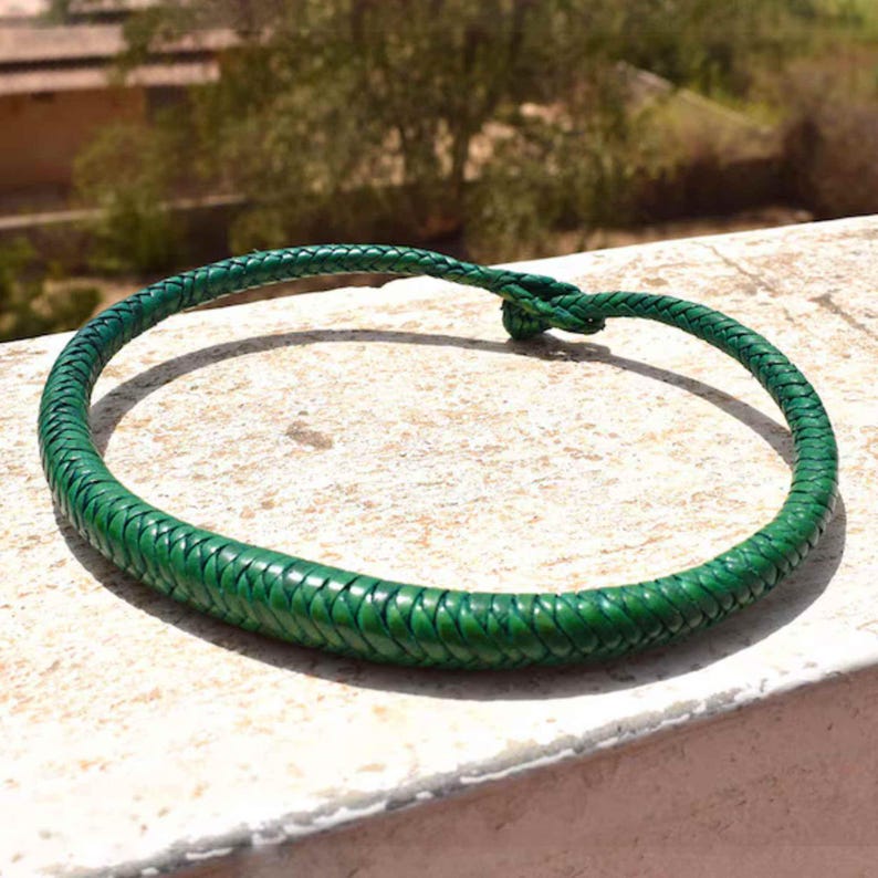 Hand-braided leather necklace, ethnic handcrafted jewelry for women, blue, green, or brown image 6