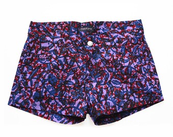 Ankara print shorts for beach or festivals, a nice women summer short shorts in African wax, Ankara cotton purple/navy color