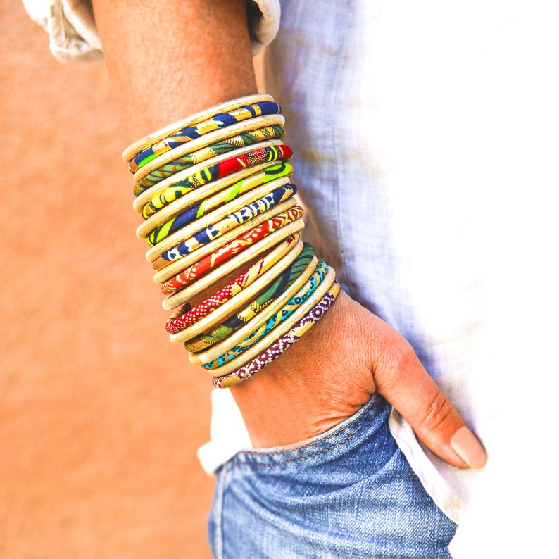 Gold Fabric Bracelet, Boho Chic Ethnic Jewelry, Stackable Bangles, Two Sizes image 3