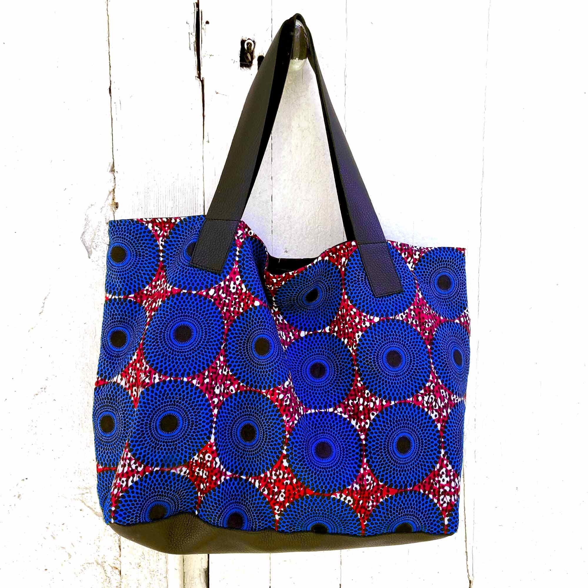 African Wax Print and Recycled Leather Tote Bag, Boho Chic Ethnic Bag, Blue and Red