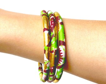 Gold-accented African wax print bracelet, fabric bangle, stackable ethnic bracelet (red/anise green)
