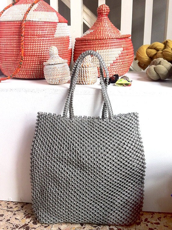 Black macrame and wood handle bag ヴィンテージ ASTRID Green Macrame Bag With Wooden Handle
