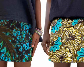 Falda reversible de algodón africano encerado color turquesa, minifalda para playa o ciudad, todas las estaciones.