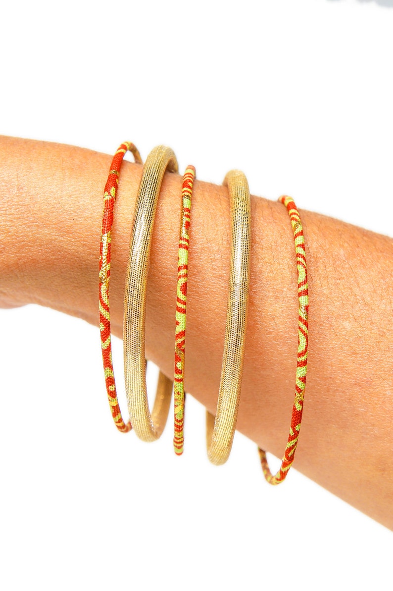 Thin wax bracelet, fine African loincloth rushes, ethnic chic bohemian jewel, Ankara fabric golden/orange image 1