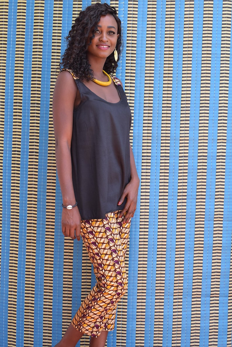 Black tunic with wax straps Ankara shoulder with african detail and backless women/'s ethnic tank top in black cotton African