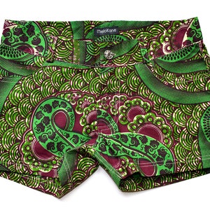 Ankara print shorts for women or girls, beach shorts or festival shorts or city shorts, green color