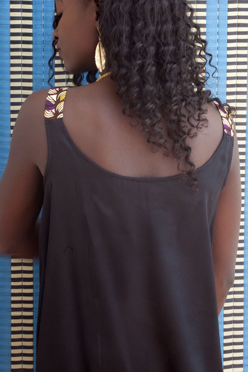 Black tunic with wax straps Ankara shoulder with african detail and backless women/'s ethnic tank top in black cotton African