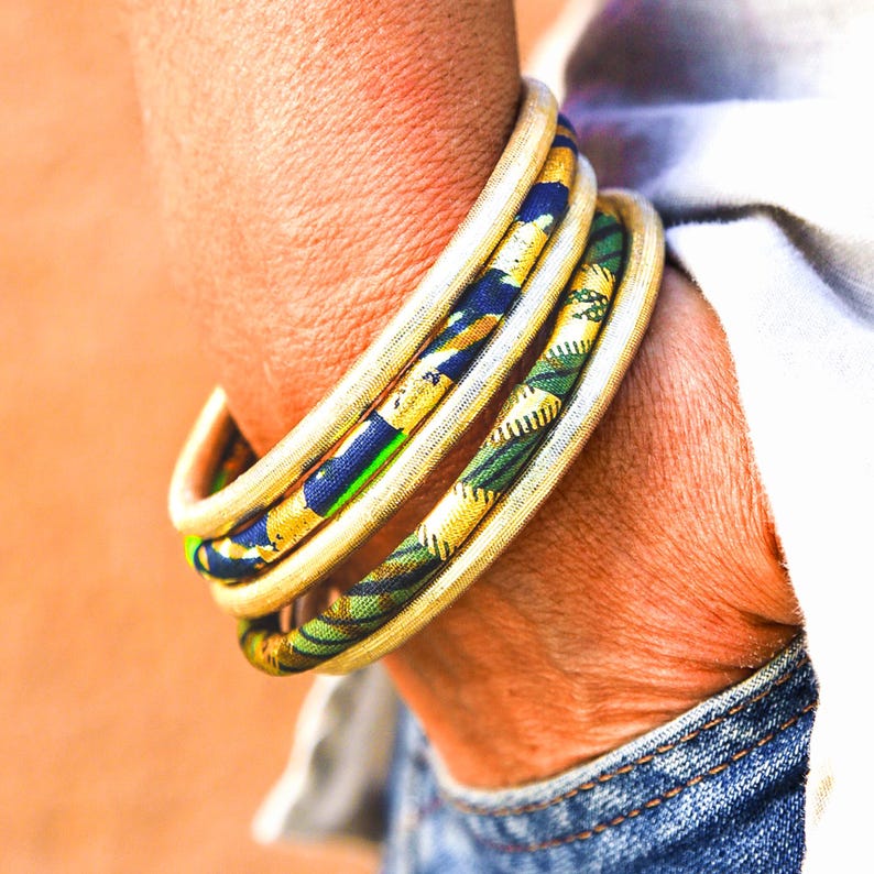 Gold Fabric Bracelet, Boho Chic Ethnic Jewelry, Stackable Bangles, Two Sizes image 9